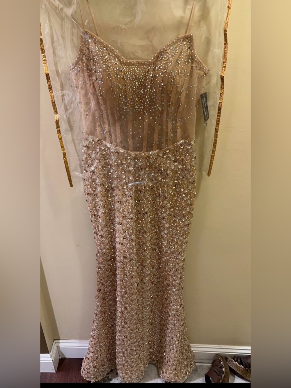 MONA LISA Nude Sequin & Crystal Spaghetti Strap Gown